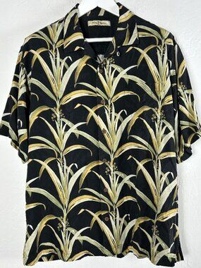 Tommy Bahama Mens Black Floral Silk Short-Sleeve Button-Up Hawaiian Shirt Large